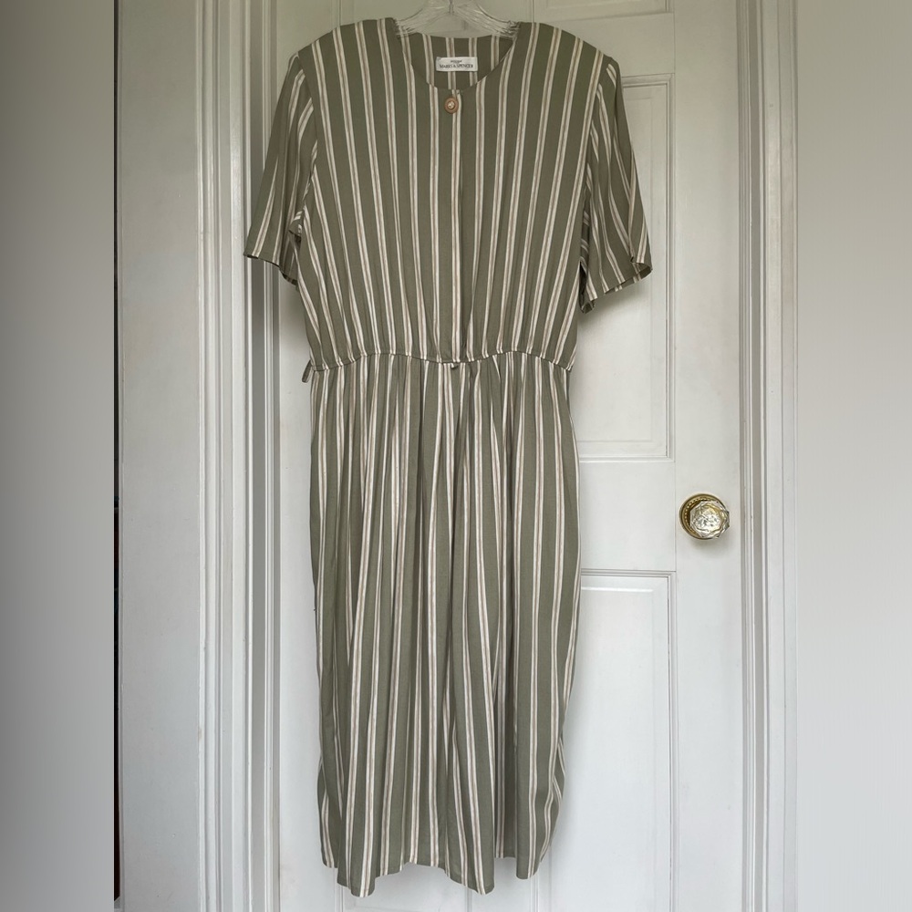 Sage green tan and off-white striped dress by Marks & Spencer size 18 London